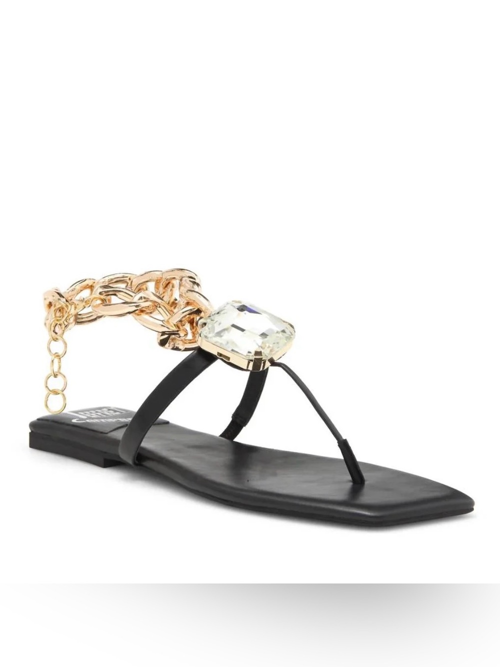 Jeffrey Campbell Black Thong Sandal with Gold Chain & Crystal Gem